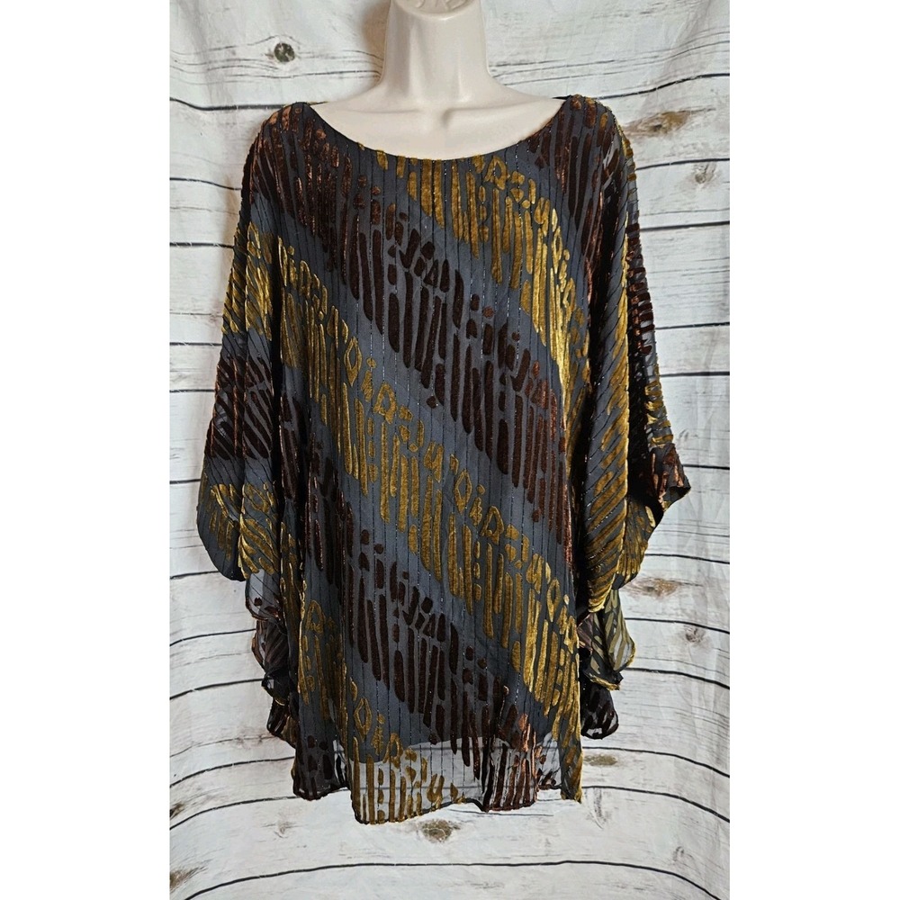 Bob Mackie Brown Velvet Burnout Top Blouse L Dolman Tunic Layered Boho 90s Y2K